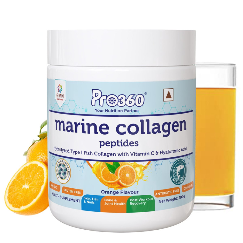Pro360 Marine Collagen Peptides for Healthy Skin, Hair, Nails, Bone and Joint, Post workout Recovery - Hydrolyzed Type 1 Fish Collagen for Men and Women - 100% Wild Caught Fish - Orange flavor 200g