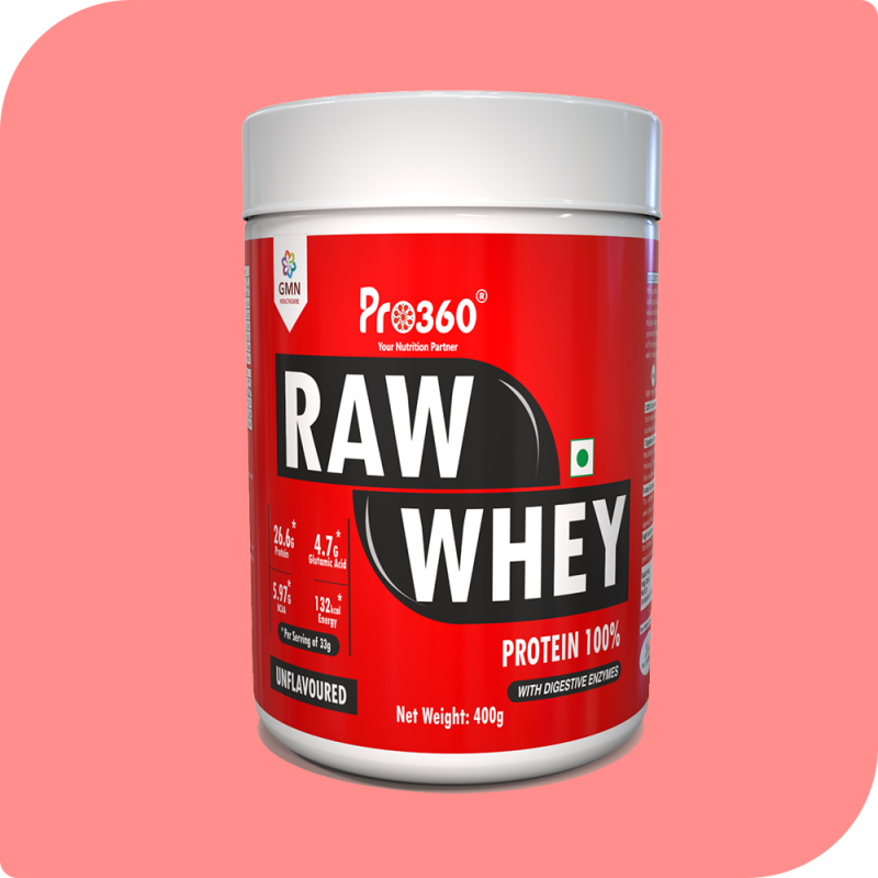 Pro360 Raw Whey Protein Unflavoured 400g 100% Whey with Digestive Enzymes, 26.6g Protein, 5.97g BCAA, 4.7g Glutamic Acid per Serving) - No Added Sugar, No Fillers 
