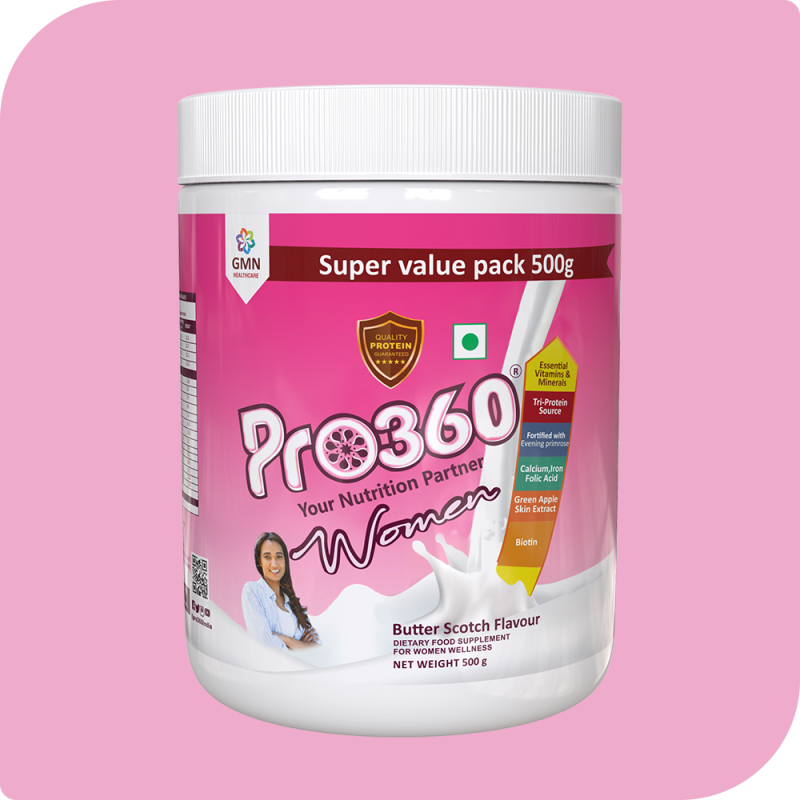 Pro360 Women Butterscotch 500g Protein Rich Nutritional Supplement Enriched with Calcium, Iron for Stronger Bones and Improved Haemoglobin – 25 Essential Nutrients with Evening Primrose